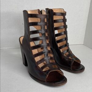 Bed Stu Occam dark brown rustic leather peep toe Gladiator Heels